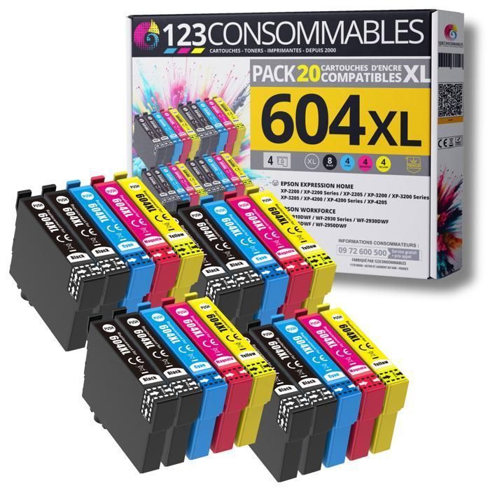 123CONSUMABLES - 604XL - Paquete de 20 cartuchos compatibles EPSON 604 XL para Epson XP-2200 XP-3200 XP-4200