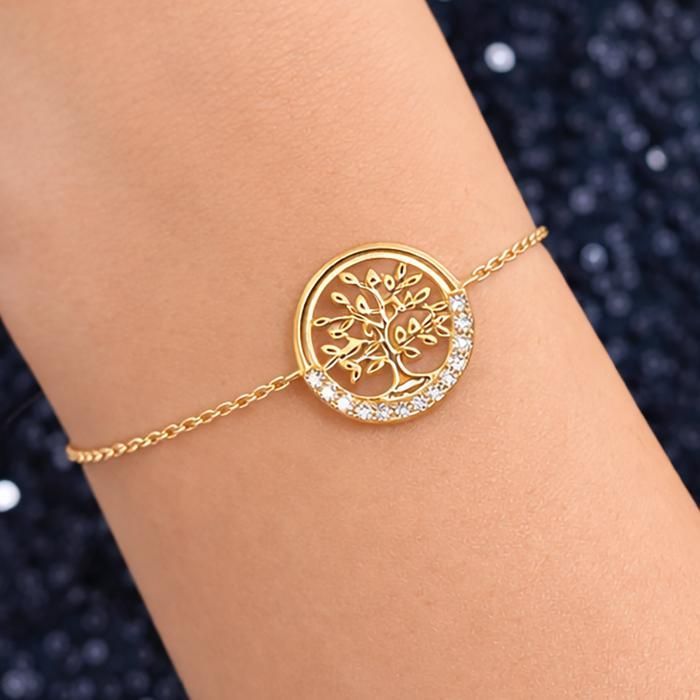Damesarmband met Levensboommotief, 18-karaats verguld en bezet met zirkonia – Verstelbare lengte 16,5-19,5 cm – Gekeurd sieraad, geluksbrenger