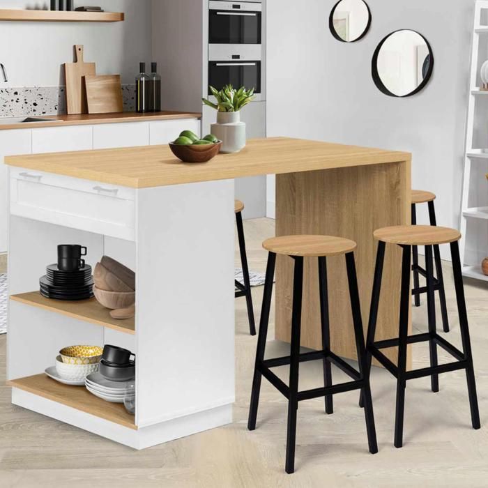 IDMARKET Ilot central mange debout 4 personnes VITO 130 cm blanc et plateau bois