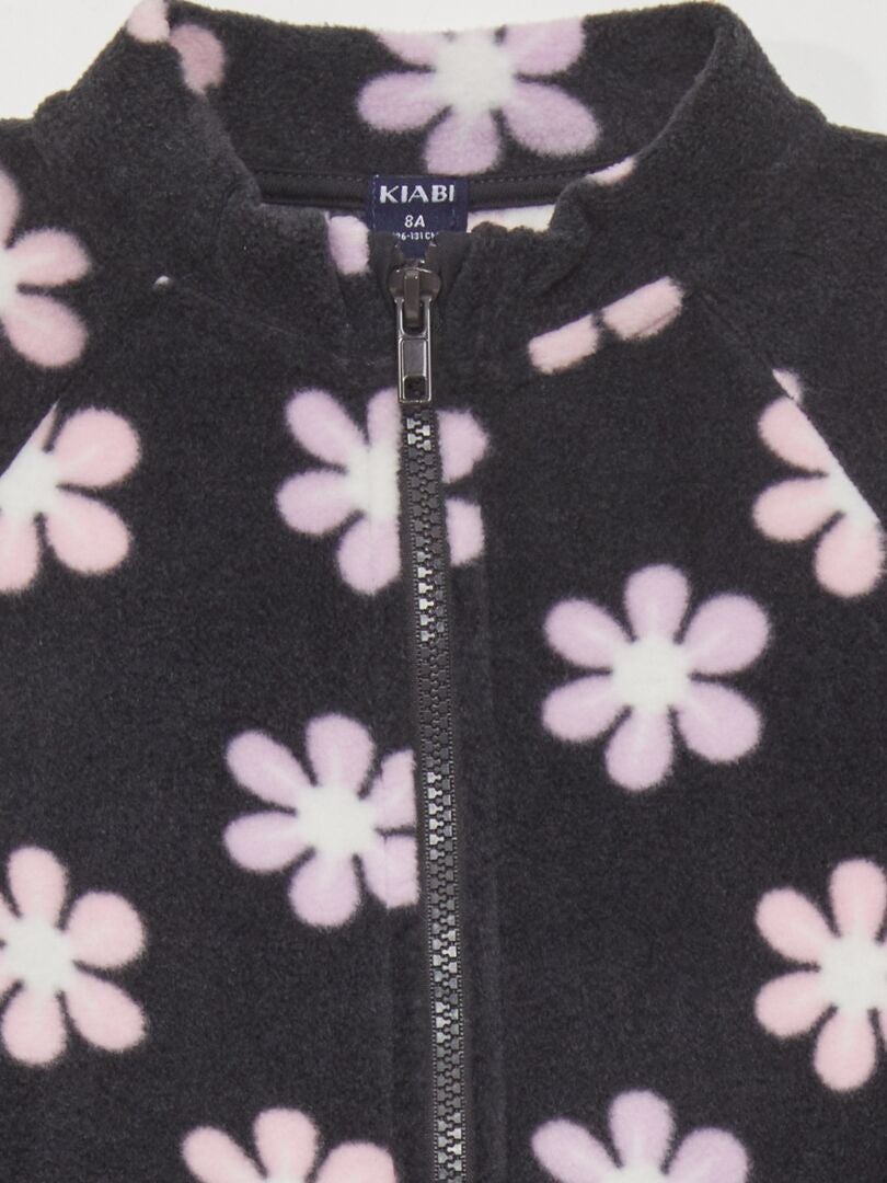 Bedrukte fleece hoodie met rits - ZWART