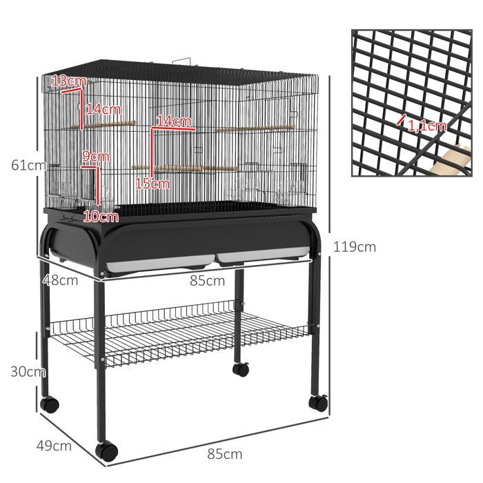 Grand cage oiseaux cage perroquet avec support roulettes pour cacatoès perruche canaris perroquet 85 x 49 x 119 cm noir
