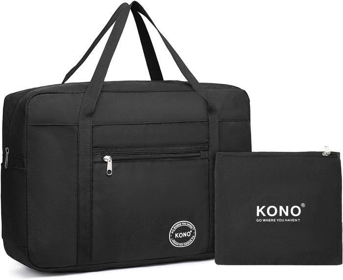 Bolsa de viaje plegable Kono, 45x32x14cm, bolsa deportiva plegable grande con múltiples bolsillos, impermeable y resistente al desgaste, color negro.