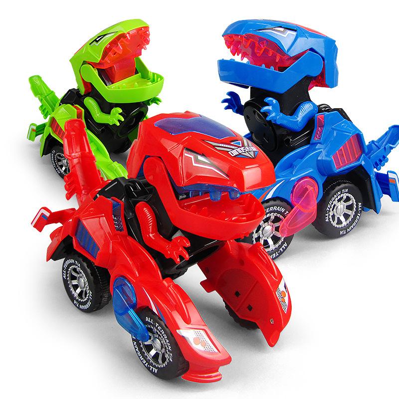 Dinossauro de brinquedo 3D transformável com LED, carro elétrico transformável em dinossauro T-Rex com som, presente de Natal para crianças.