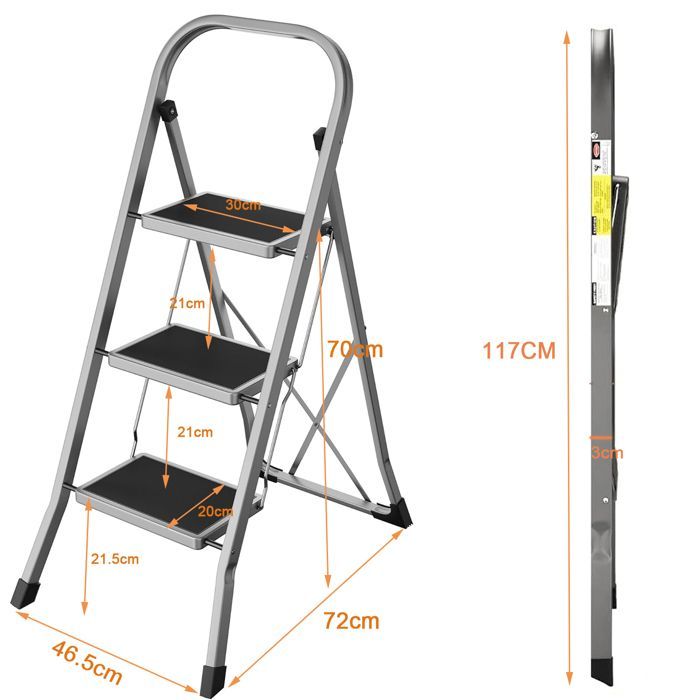 Escalera plegable de acero de 3 peldaños con plataforma antideslizante para uso en cocina, oficina, almacén y garaje.