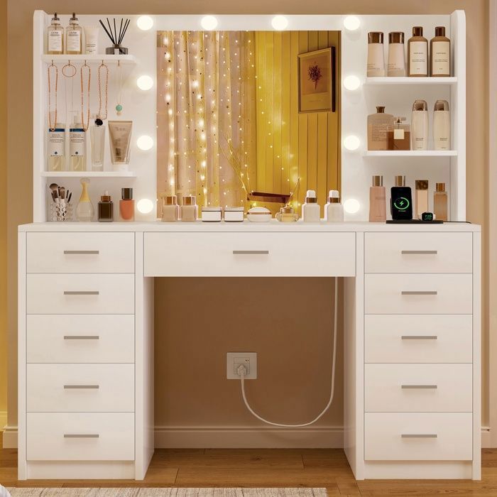 Coiffeuse avec miroir avec station de recharge, 10 ampoules LED, Coiffeuse avec 11 tiroirs, 4 étagères, 107*40*140cm, blanc