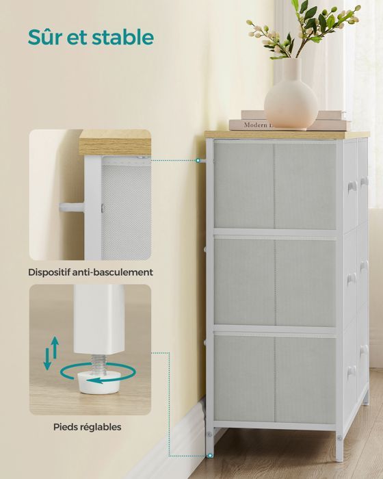 SONGMICS Commode, Meuble de Rangement avec 6 Tiroirs en Tissu, Meuble à Tiroirs avec Cadre Métallique, Plateau, Blanc et Chêne