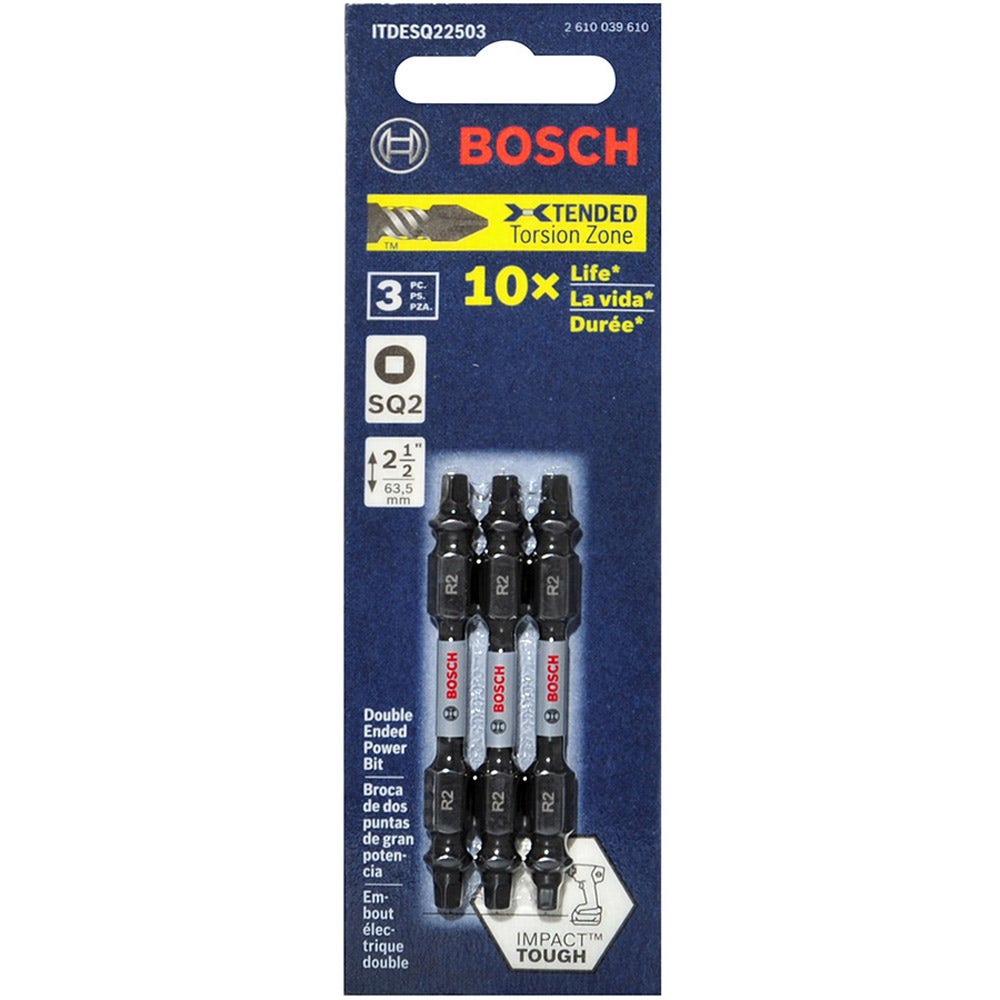 BOSCH R2 x 65 mm dobbeltsidige slagskrutrekkerbits, Robertson/firkant, IMPACT TOUGH, 3 stk.
