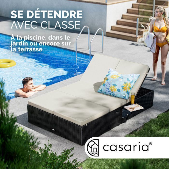 Lettino prendisole doppio CASARIA, nero/crema, estremità regolabili, sedia da esterno in polyrattan per 2 persone