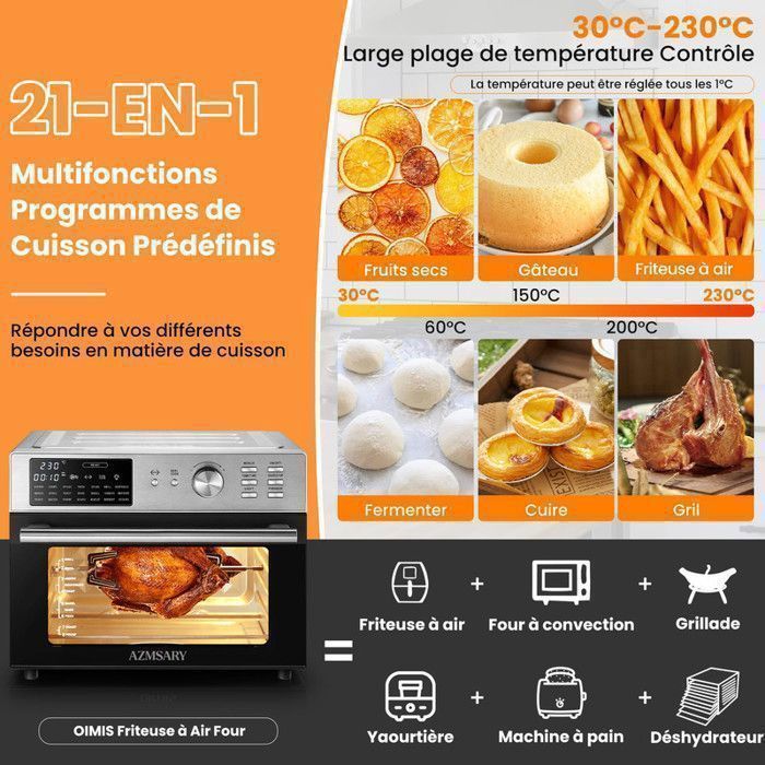 Mini four professionnel - Four a air, 30L/18 Programmes/30-230℃,  Lumière intégrée, Cavité et plateaux en acier inoxydable