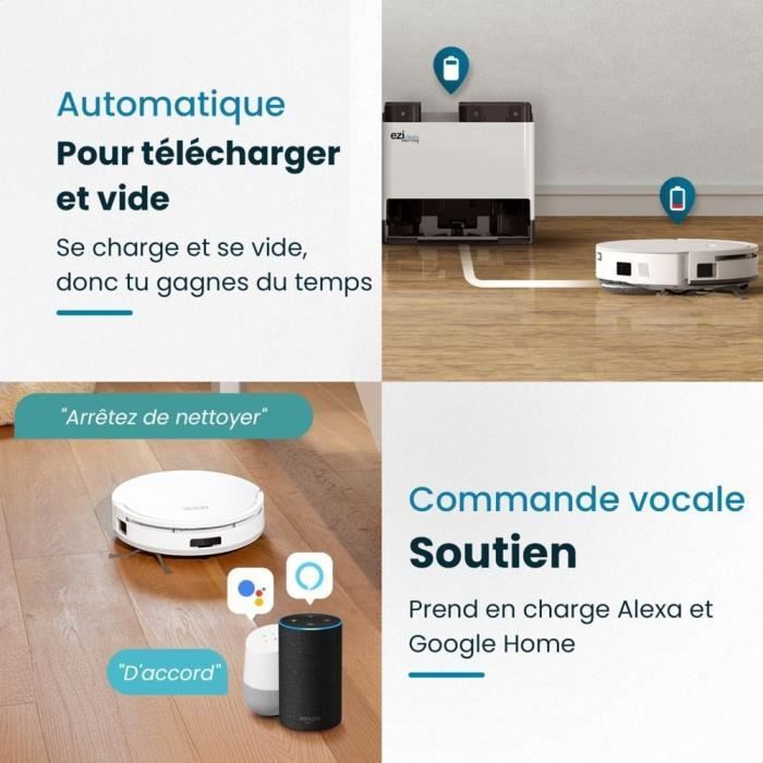 EZICLEAN All In One Z12 Ultra - Robot aspirateur laveur connecté avec base de vidage - 270 min - 14,4 V - 1,8 L - Blanc