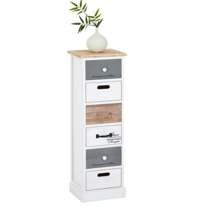 Cómoda SALVA, cómoda pequeña con 6 cajones en madera de paulownia, estilo rústico vintage shabby chic, blanca.