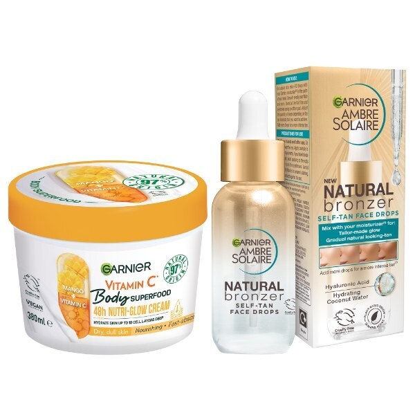 Garnier Glow Duo: Itseruskettavat tipat ja C-vitamiinivartalon superruoka
