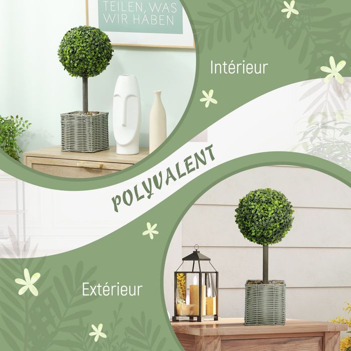 Juego de 2 plantas artificiales - HOMCOM - maceta de plástico trenzado y guijarros - 50 cm de alto - verde