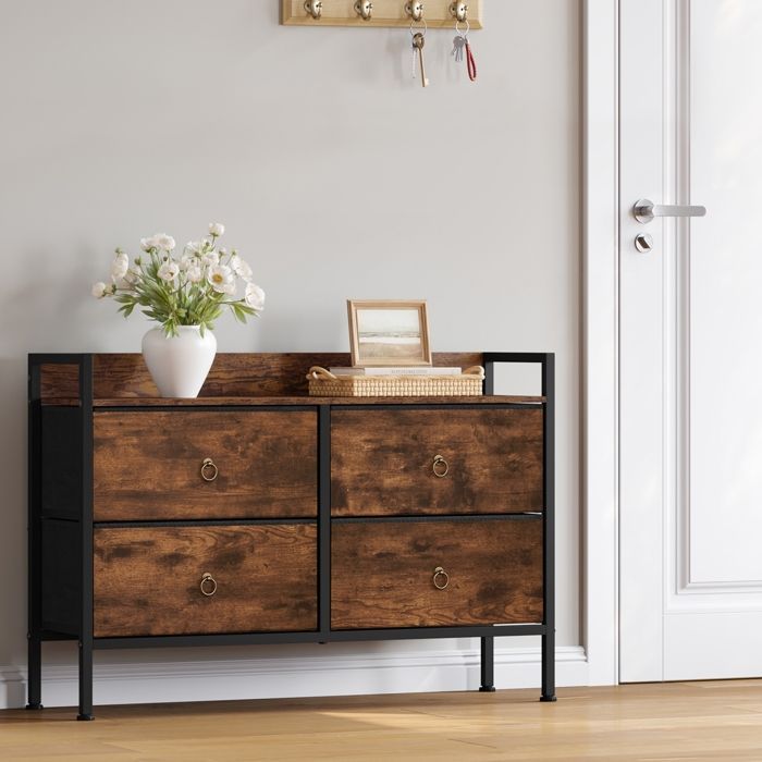 Cômoda WOLTU para quarto - 4 gavetas em tecido - Estrutura em aço - Efeito madeira queimada + Preto W0ITT7055