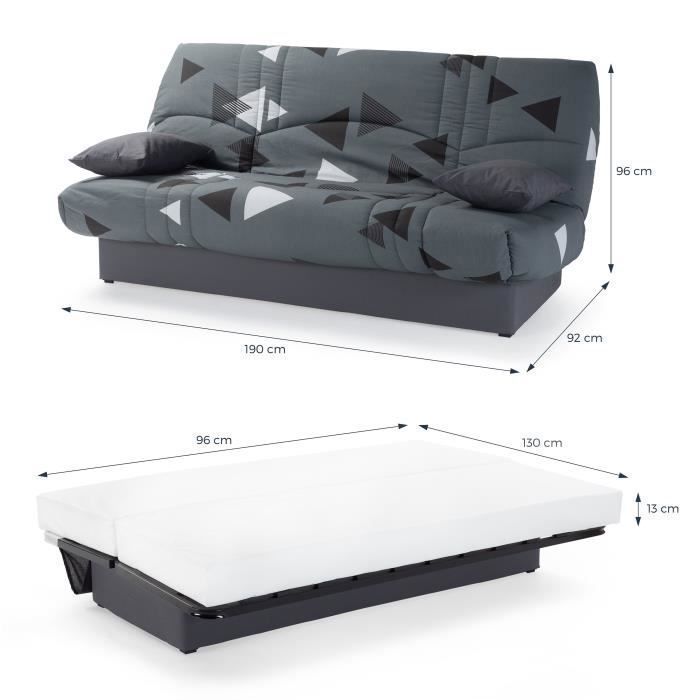 Sofá cama clic-clac de 3 plazas - Tela con estampado Bikini gris - 190 x 92 cm - DREAM - Estilo contemporáneo