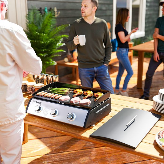 Plancha de gas Outsunny - 3 quemadores 7,5 kW - superficie de cocción 61 x 35,5 cm - con tapa - gas licuado/propano - negra
