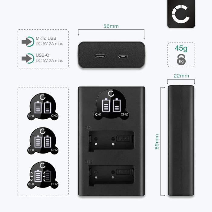 Set de 2 Batteries 1000mAh et Double Chargeur Compatible avec Nikon D3000 D40 D40x D5000 D60 - Accu de Remplacement Appareil Photo