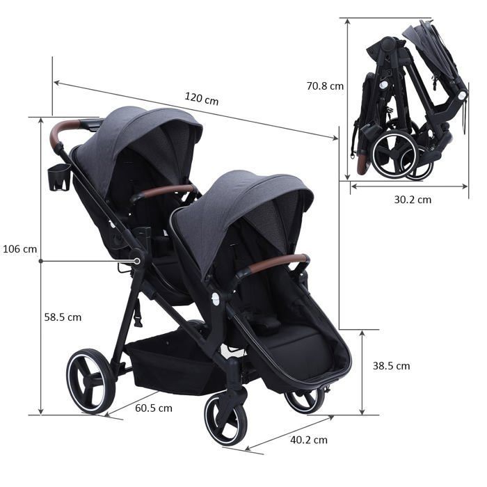 Let dobbelt klapvogn, foldbar rejsevogn, kompakt tandem klapvogn med vendbare sæder, babylift, maks. belastning 30 kg