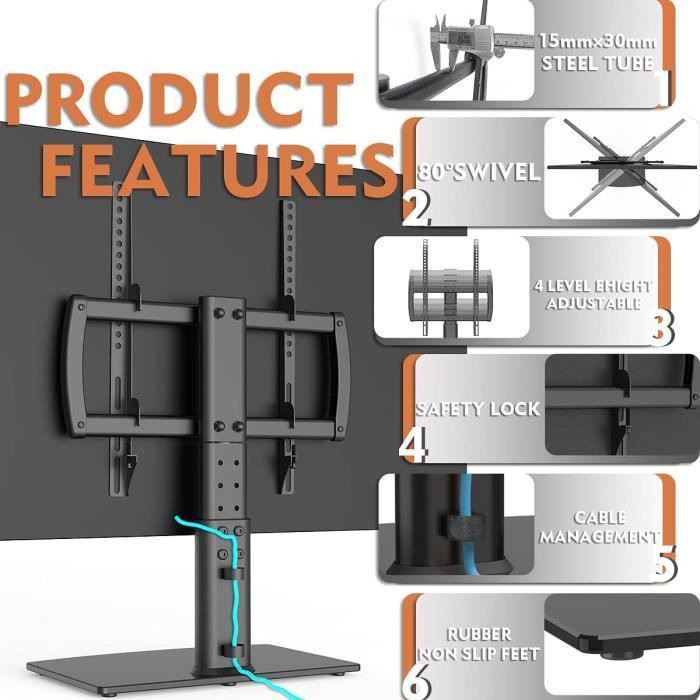 Soporte universal para televisores de 27 a 55 pulgadas con ajuste de altura y rotación de +/- 40 grados para pantallas LED, LCD y de plasma.