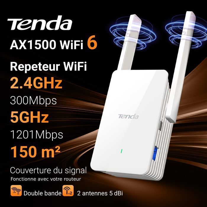 Tenda A23 WiFi 6 AX1500 Dual-Band Repeater, Gigabit Port, 2 x 5dBi Antennas, Smart Signal LED, Easy Installation, WPA3