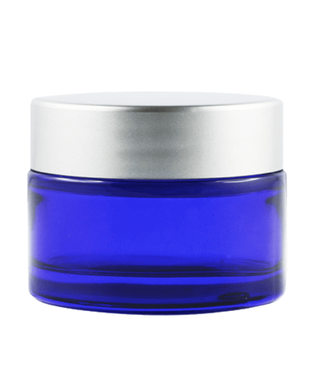 Pot verre bleu 30 ml avec capot argent mat