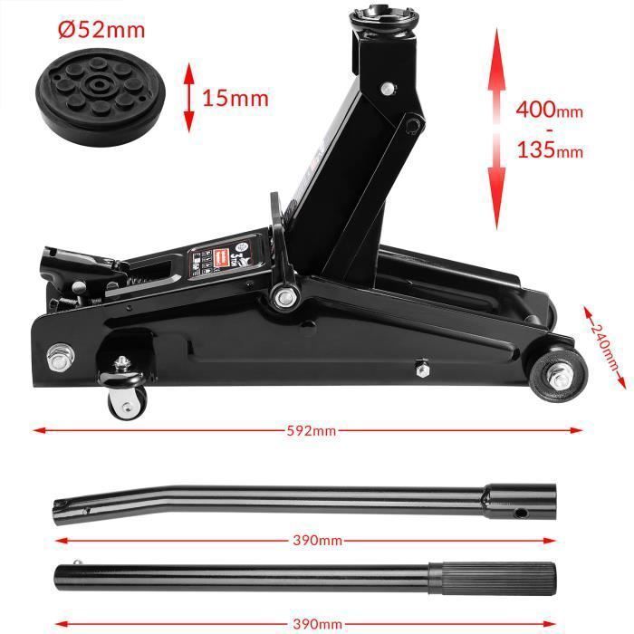 Gato hidráulico • 3 toneladas • compacto y robusto • altura de elevación de 135 a 400 mm • almohadilla de goma • asa de transporte • protección para SUV