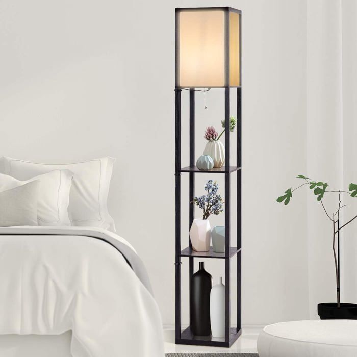 COSTWAY Lampadaire Salon avec 3 Etagères de Stockage en Bois 26 x 26 x 160 cm Lampe sur Pied Design Scandinave pour Chambre 60W