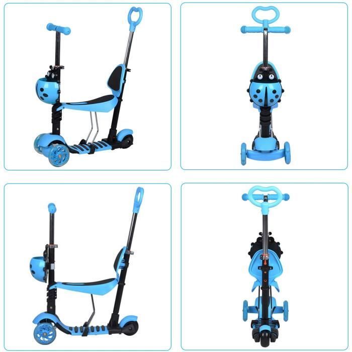Monopattino blu 5 in 1 per bambini con sedile regolabile e rimovibile e maniglione di spinta; monopattino leggero con ruote luminose.