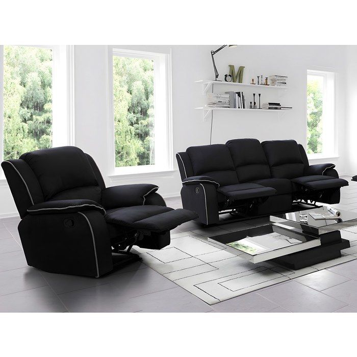 Sofá de 3 plazas y sillón reclinable HERNANI en microfibra - Negro