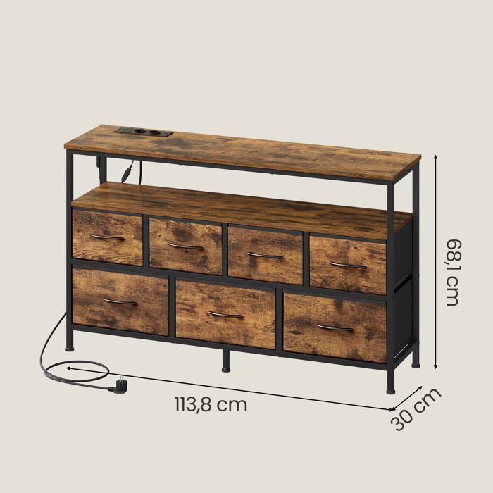 Commode met verstelbare ledverlichting en stekkerdoos, 7 stoffen lades, industriële stijl, slaapkamer, bruin en zwart