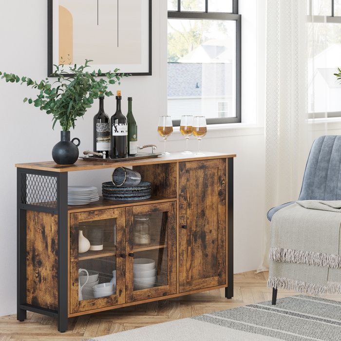 VASAGLE Storage Unit, Sideboard, Kitchen Cabinet, Cupboard, with 3 Doors, 33 x 110 x 75 cm, Rustic Brown and Black