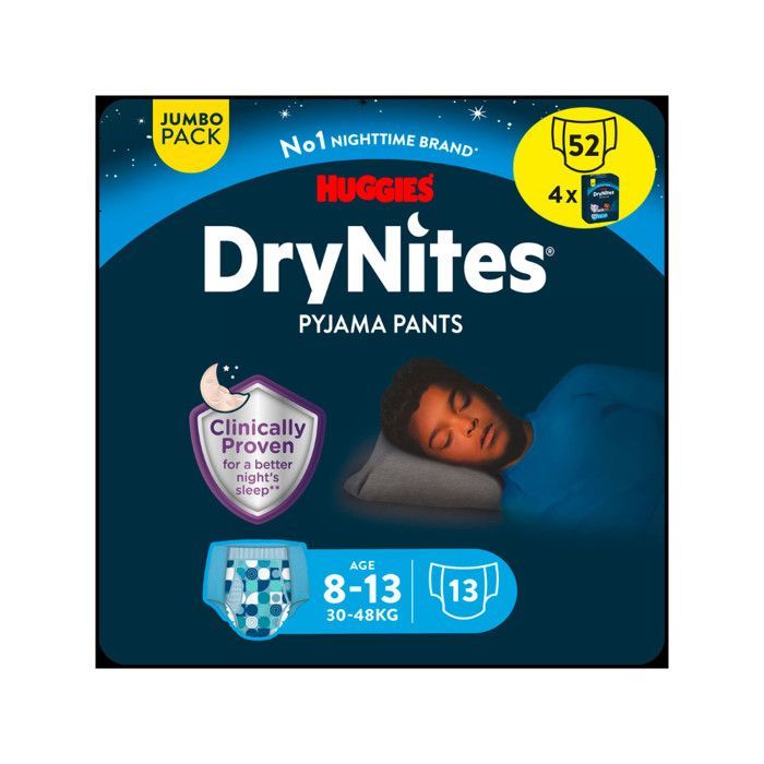 Pannolini DryNites per la notte per ragazzi dagli 8 ai 15 anni, da 27 a 57 kg (confezione da 4 x 13)