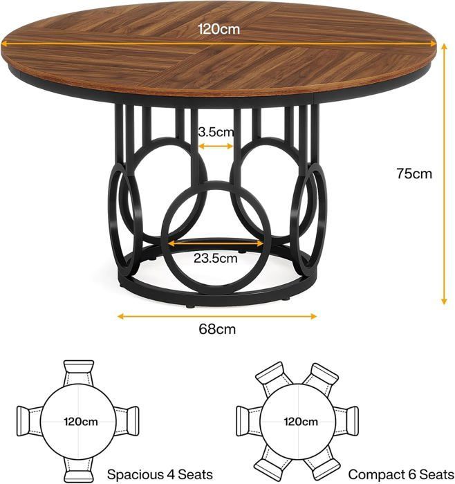Tribesigns ronde eettafel voor 4 personen - 120 x 120 x 75 cm - met metalen poten - ronde keukentafel - bruin