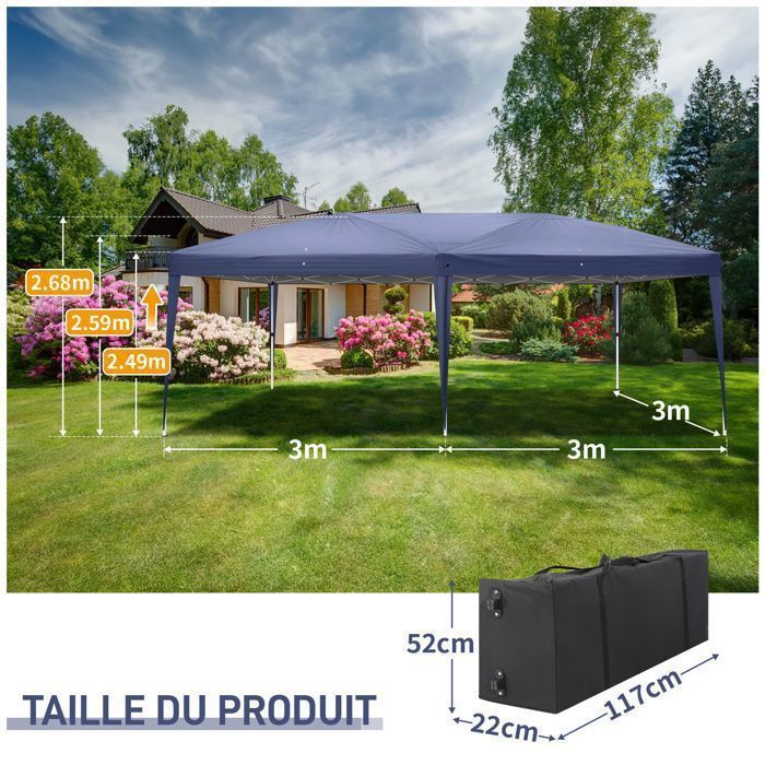 Tonnelle Pliante 3x6m establo impermeable, tonelada de jardín exterior Anti-UV, bolsa de transporte - Azul