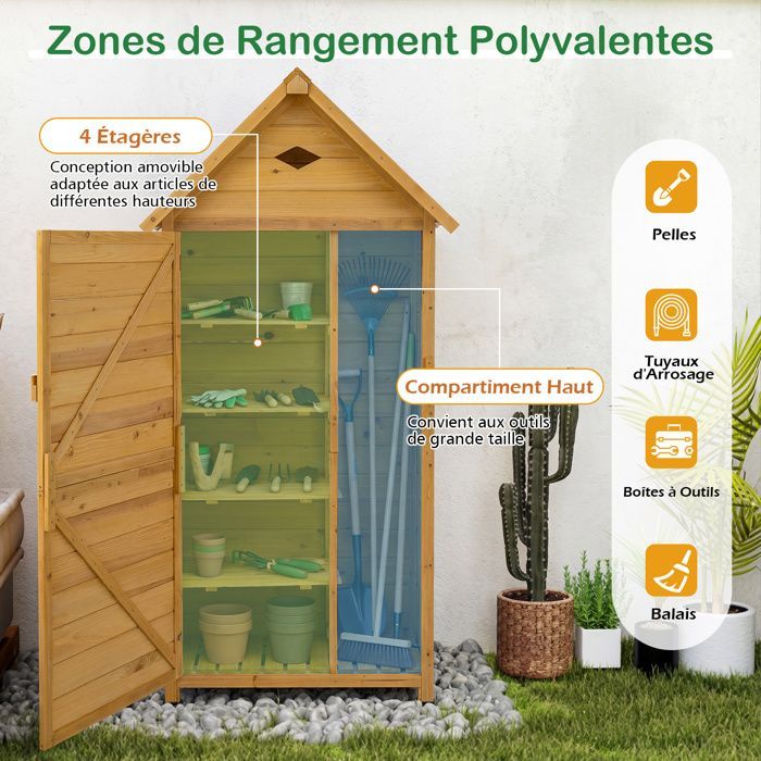Armario de almacenamiento de jardín de madera de abeto COSTWAY - Puerta con cerradura, 4 estantes extraíbles, suelo - Techo inclinado - Ventilación