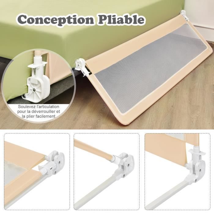 COSTWAY Sponda di protezione pieghevole per lettino, 180 x 37 x 56 cm, con cinghie regolabili per materasso, angolo regolabile a 180°, beige