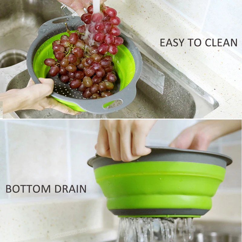 Passoire/égouttoir pliable rond en silicone pour fruits et légumes (1/2 pièce)