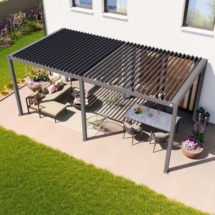 Pérgola PRIMEYARD 3x6 m com postes de alumínio e venezianas de aço ajustáveis, pavilhão cinza.