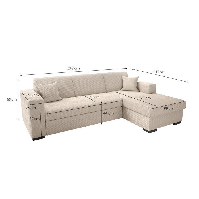 FUJI XL 4-seater left-hand corner sofa bed with storage in corduroy - Beige - W262 x D157 x H83cm - LOUNGITUDE