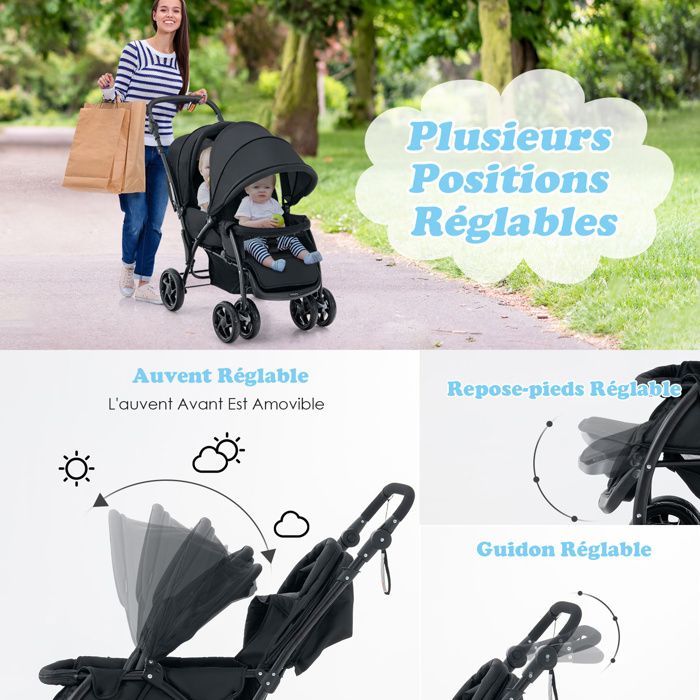 DREAMADE Lichtgewicht opvouwbare duowandelwagen voor 2 baby's, tandemzitje, verstelbare rugleuningen en voetsteunen, ééntrapsrem, zwart