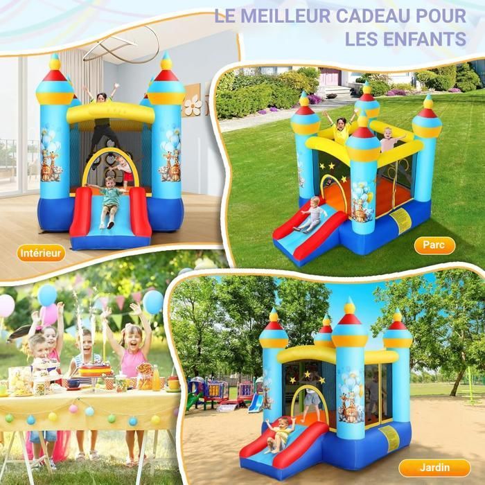 Opblaasbaar kasteel voor kinderen met blower, glijbaan/werpspel/springzone, 270x180x210 cm, binnen/buiten, leeftijd 3 tot 8 jaar