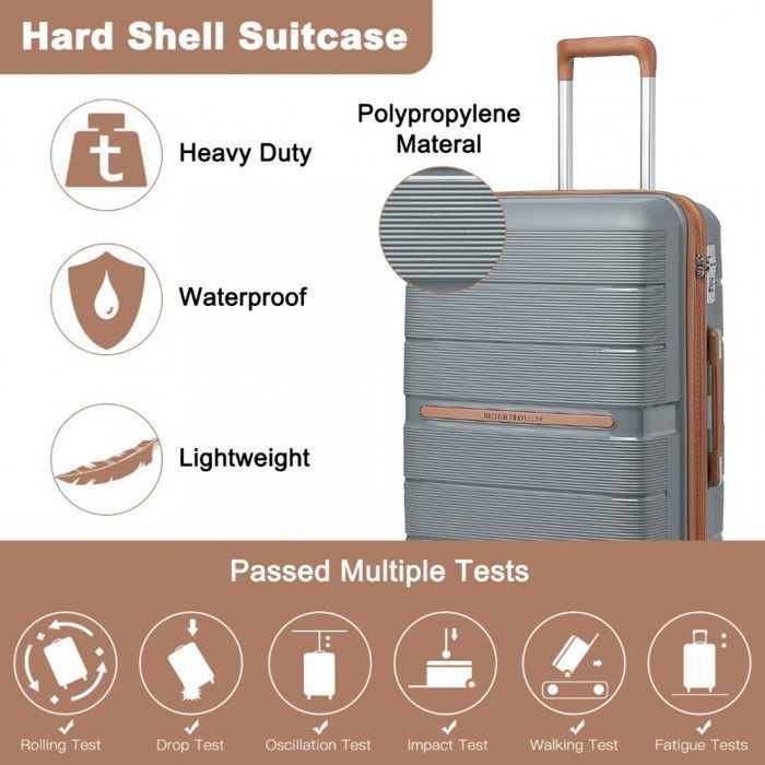 Mala de viagem grande British Traveller, 76x50x31cm, rígida, em polipropileno, com 4 rodas e fechadura TSA, cinza.