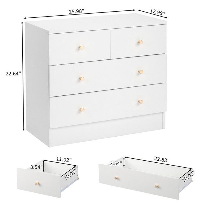 Cómoda de 4 cajones con tirador - ALIGHTUP - Muebles de dormitorio, 66 x 33 x 56 cm, Blanco