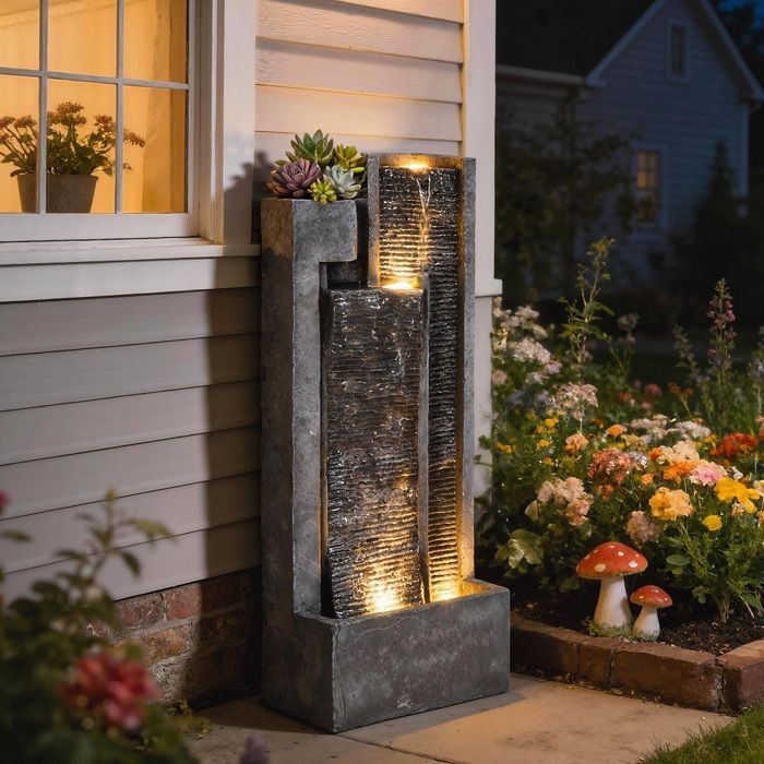 Fuente de jardín exterior Outsunny - Cascada de 3 niveles, macetero y moderna pared de agua - Iluminada con 24 LED - 101 cm - Gris