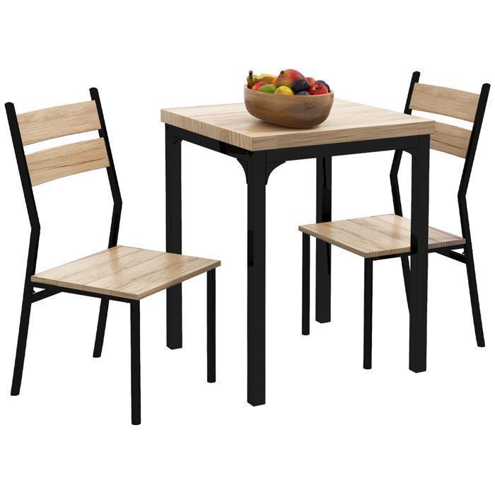 Table à manger 3 pièces table de cuisine avec chaises set sculpture en bois naturel + noir avec 1 table + 2 chaises