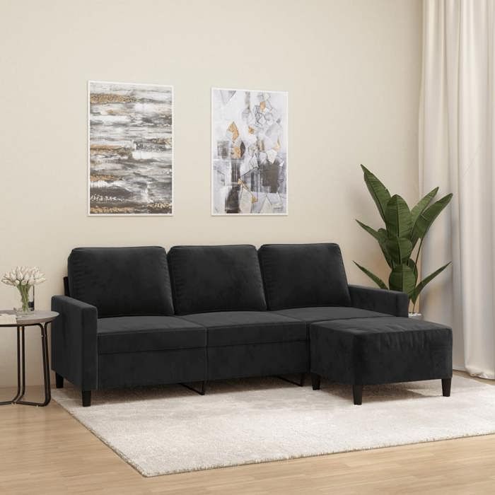 vidaXL 3-Seater Sofa with Footrest, Black, 180 cm, Velvet, sofa, sofa with footrest, three-seater sofa, 3201060