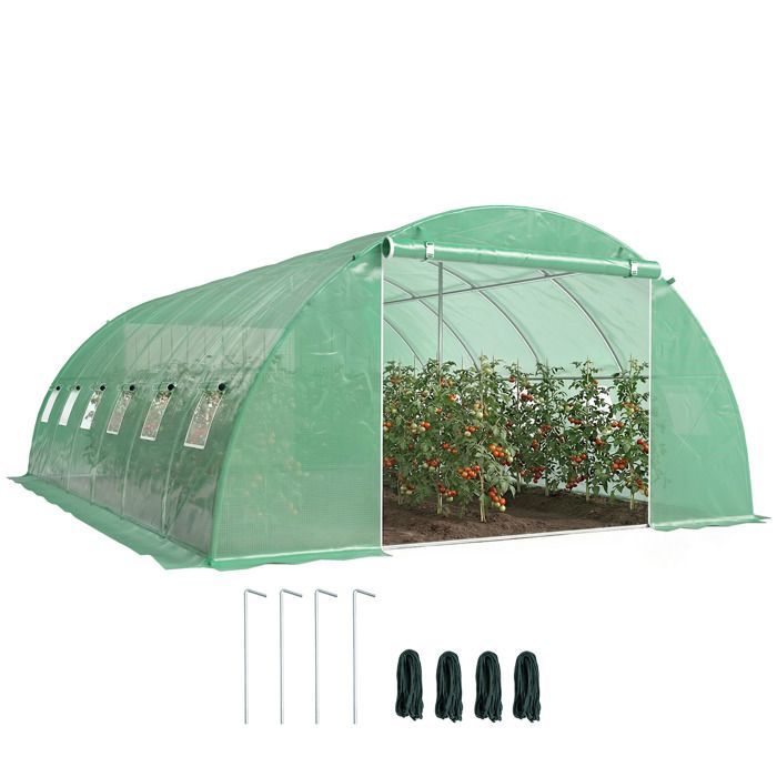 Serre tunnel de jardin - Outsunny - acier galvanisé Ø25mm et structure renforcée - bâche PE 140g/m² - 395x595x199cm - vert