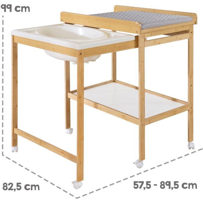 Table à langer avec baignoire coulissante - ROBA - Inclus matelas déperlant Roba style Gris - Tablette de rangement - Bambou naturel