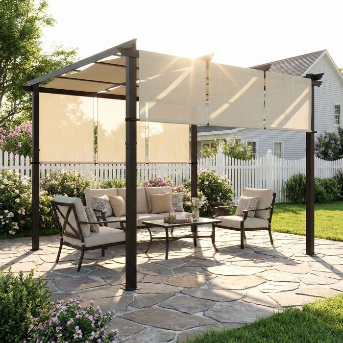 Pergola - Outsunny - with 3 sliding canopies - 3 x 3 x 2.38 m - black steel frame, high-density polyester fabric - beige