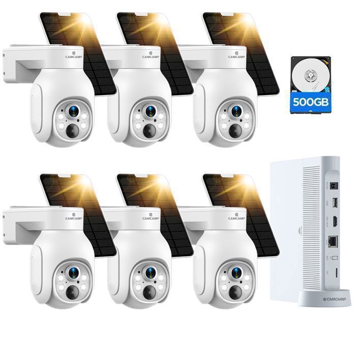 Kit de câmera de segurança externa sem fio CAMCAMP 4MP com Wi-Fi, bateria solar, 10 canais, NVR, classificação IP66, visão noturna e áudio bidirecional.